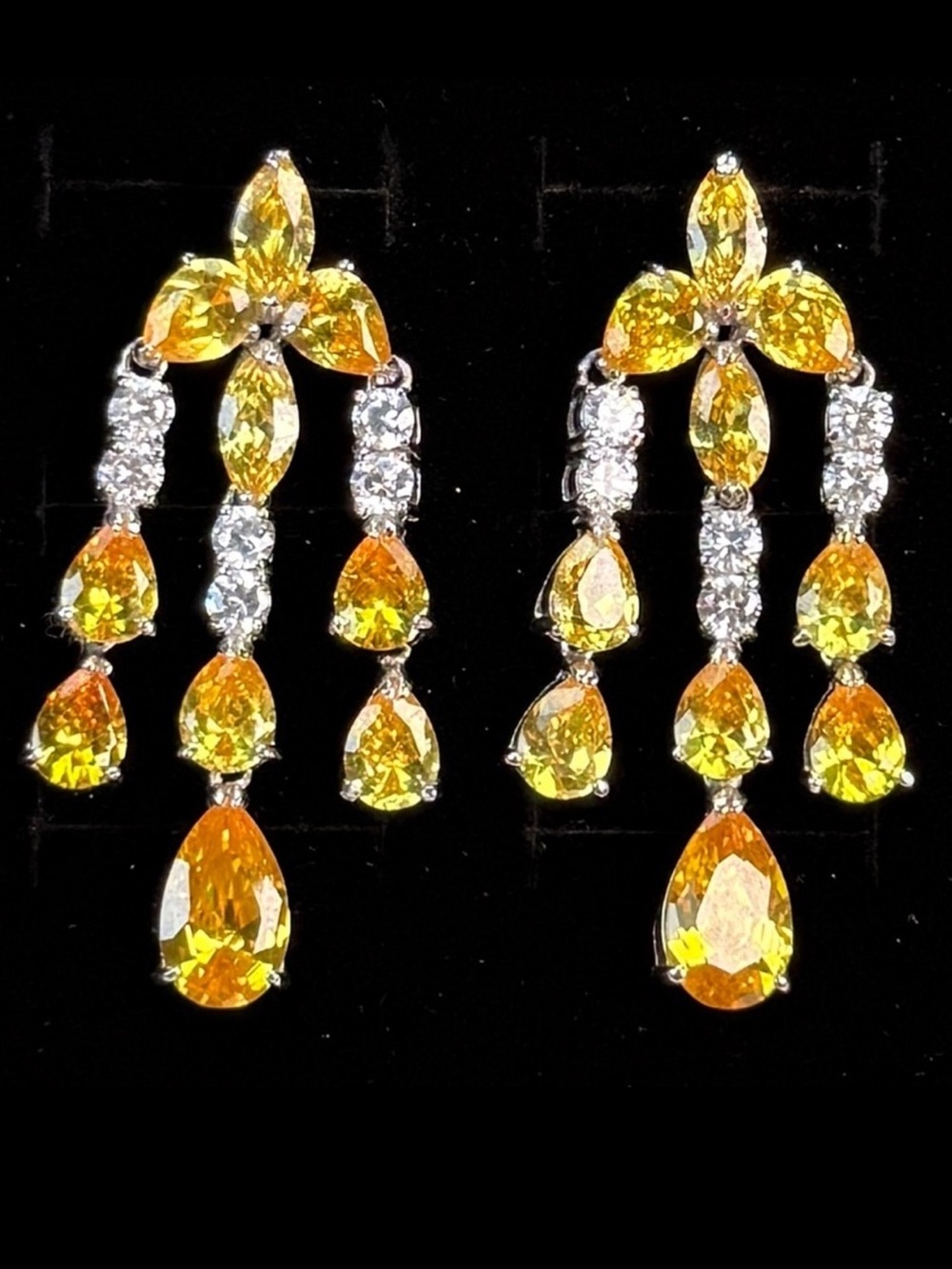 Stunning, sparkling bling, yellow and white vintage costume pierced earrings